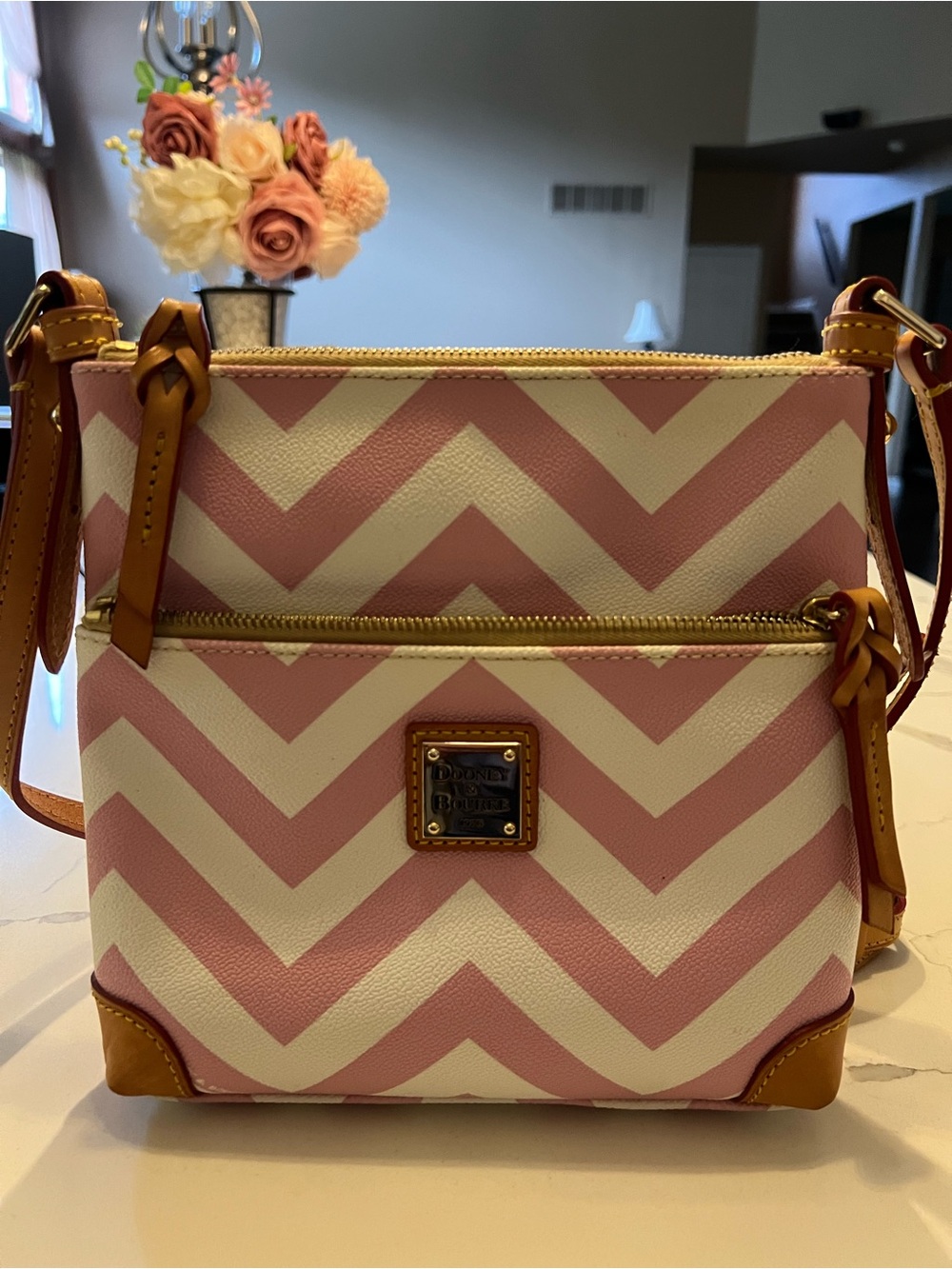 Dooney & Bourke Pink and white Chevron Crossbody with Tan Trim